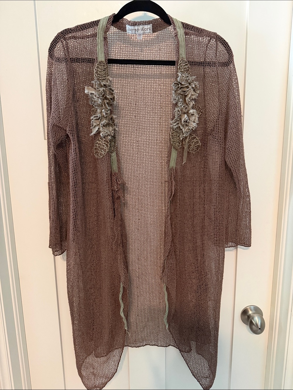 Scrap Work Linen and Cotton Blend Taupe Open-Knit Floral Trim Cardigan
